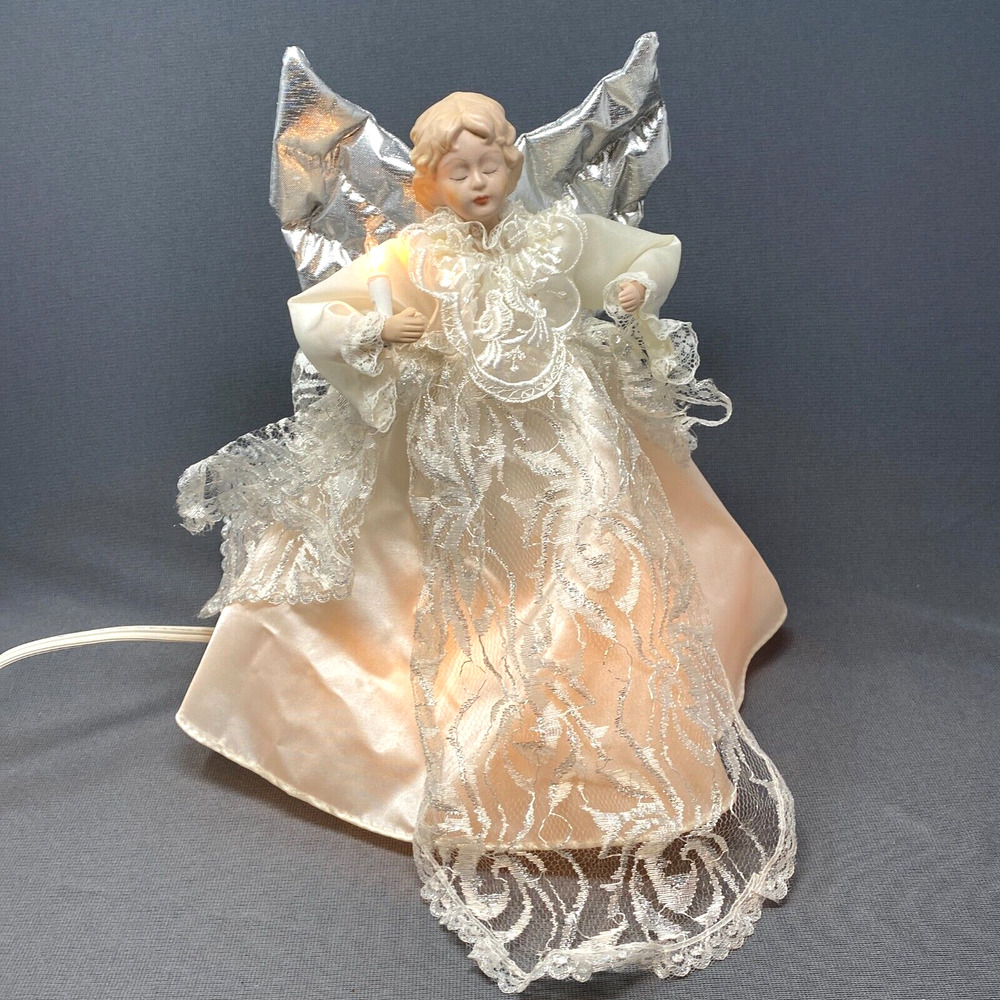 Lighted Angel Tree Topper Fiber Optic Porcelain Face Lace Silver Wings Christmas
